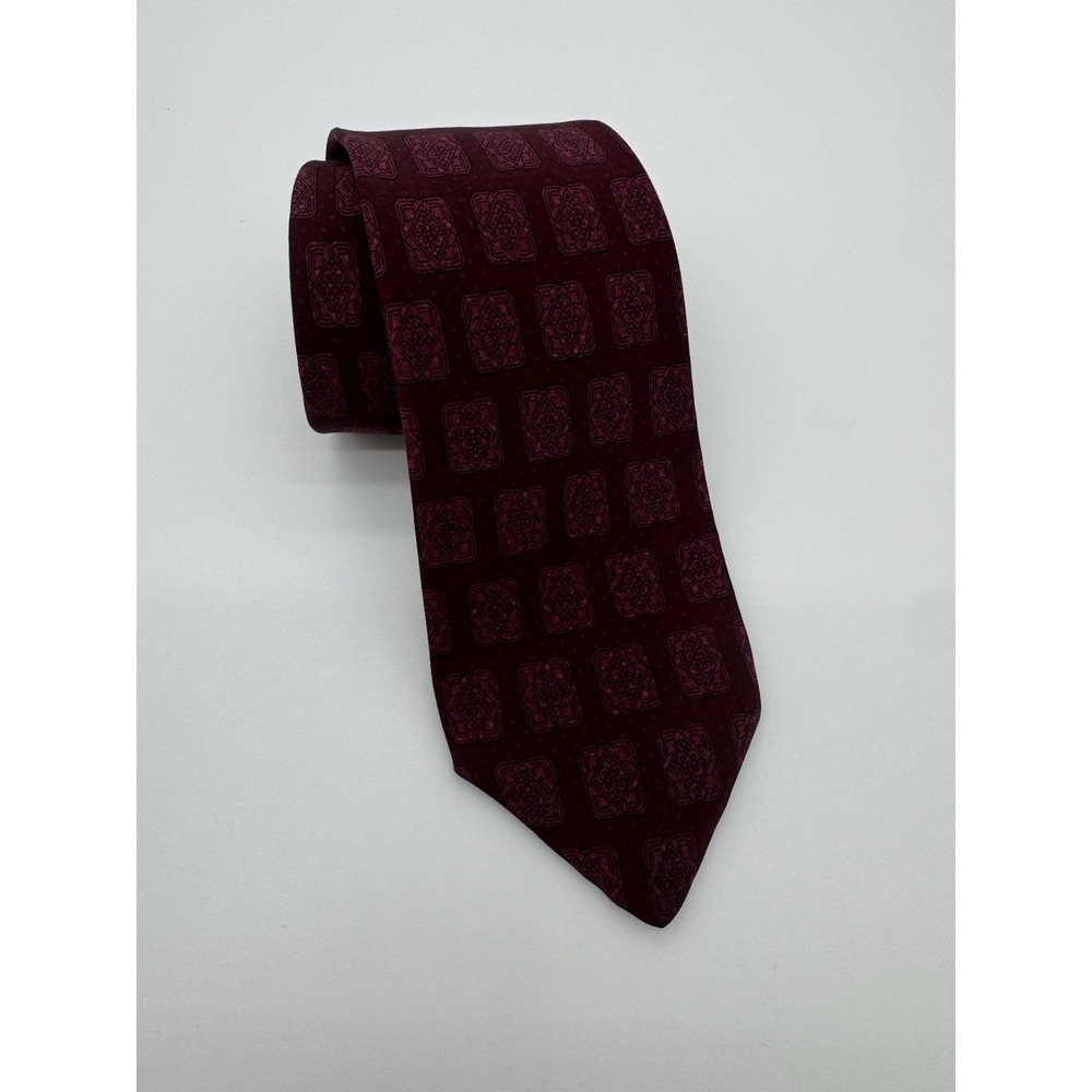Van Heusen 100% Silk Tie Burgundy Red Geometric Pattern Made in England Classic